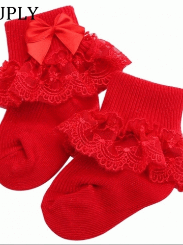0-2 Years Baby Girl Socks Newborn Lace Princess Bowknot Infant Socks  Ruffled Baby Toddler Knitting Cotton Short Warm Socks (Medium, Pink)